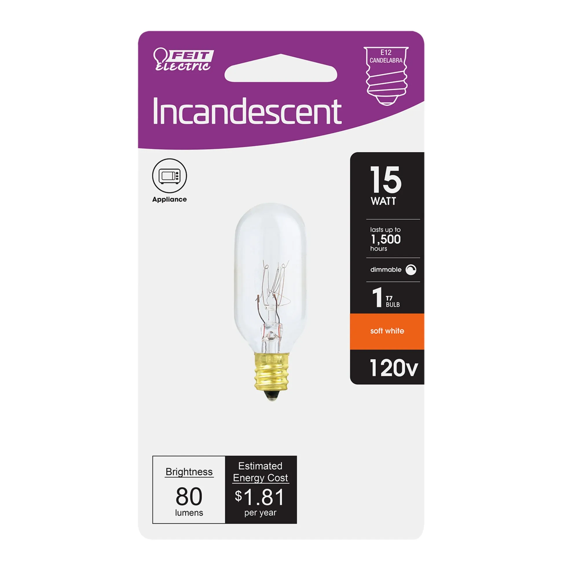 15W Soft White (2700K) E12 Base T7 Incandescent Appliance Bulb