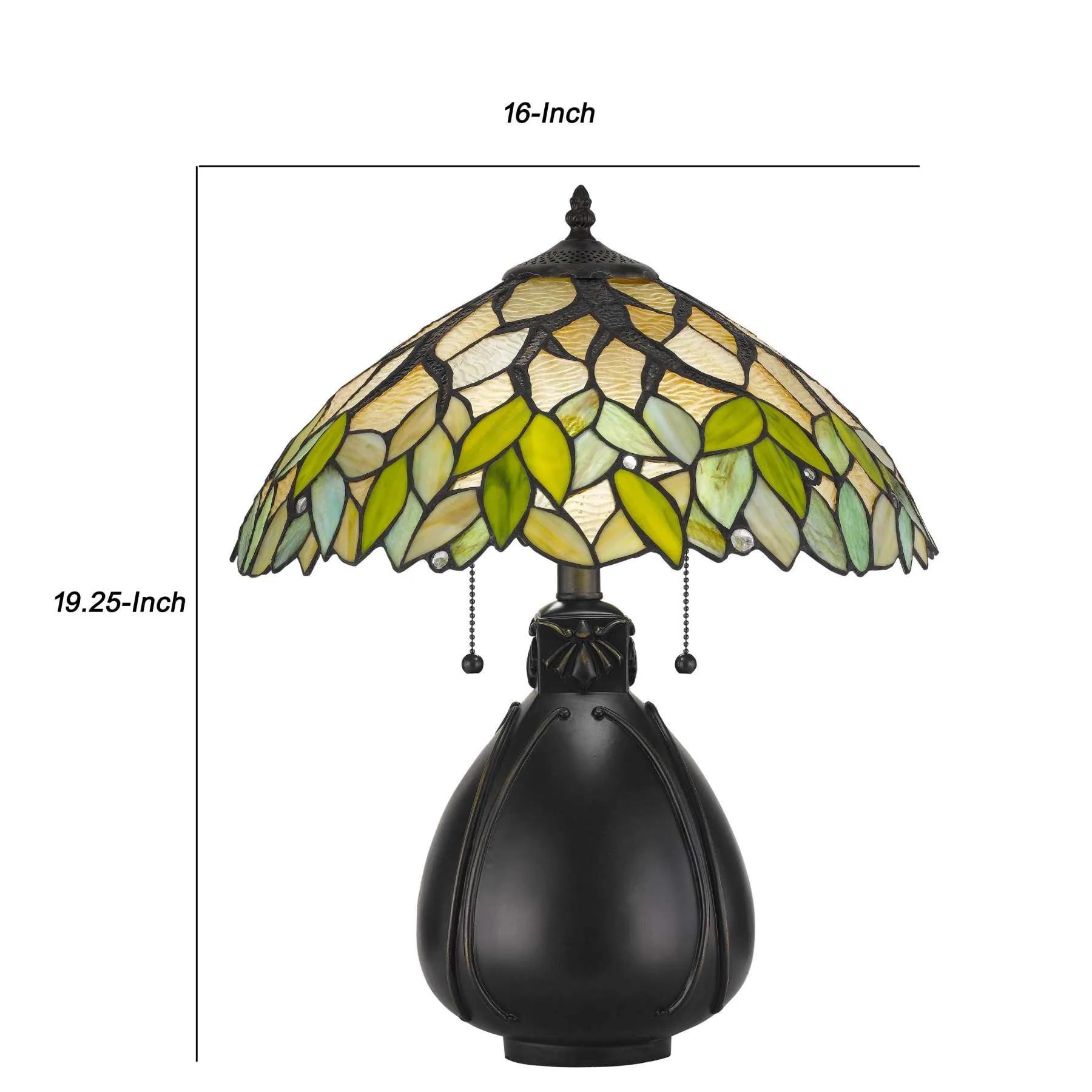 2 Bulb Tiffany Table Lamp With Leaf Design Glass Shade, Multicolor By Benzara