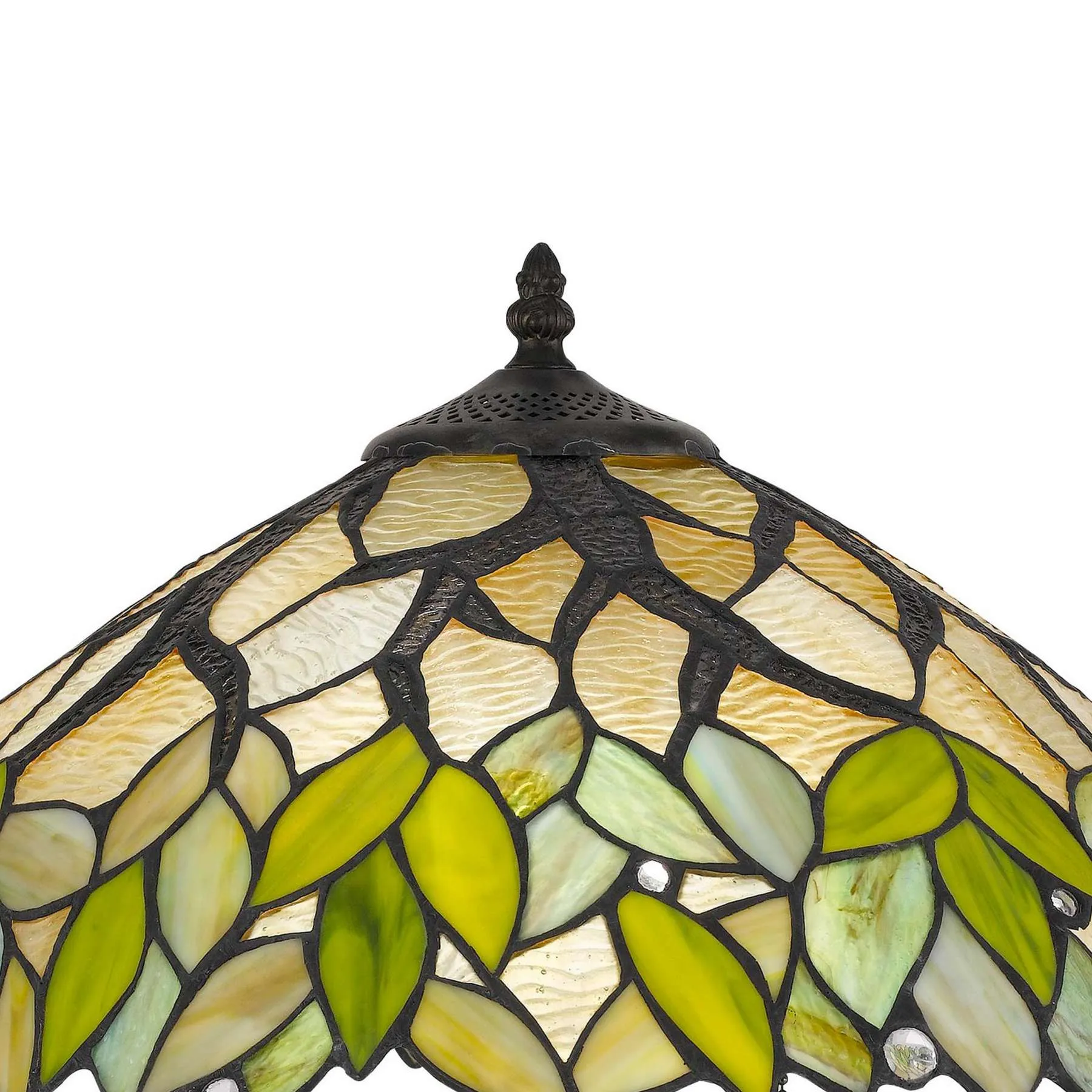 2 Bulb Tiffany Table Lamp With Leaf Design Glass Shade, Multicolor By Benzara