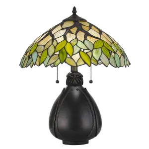 2 Bulb Tiffany Table Lamp With Leaf Design Glass Shade, Multicolor By Benzara