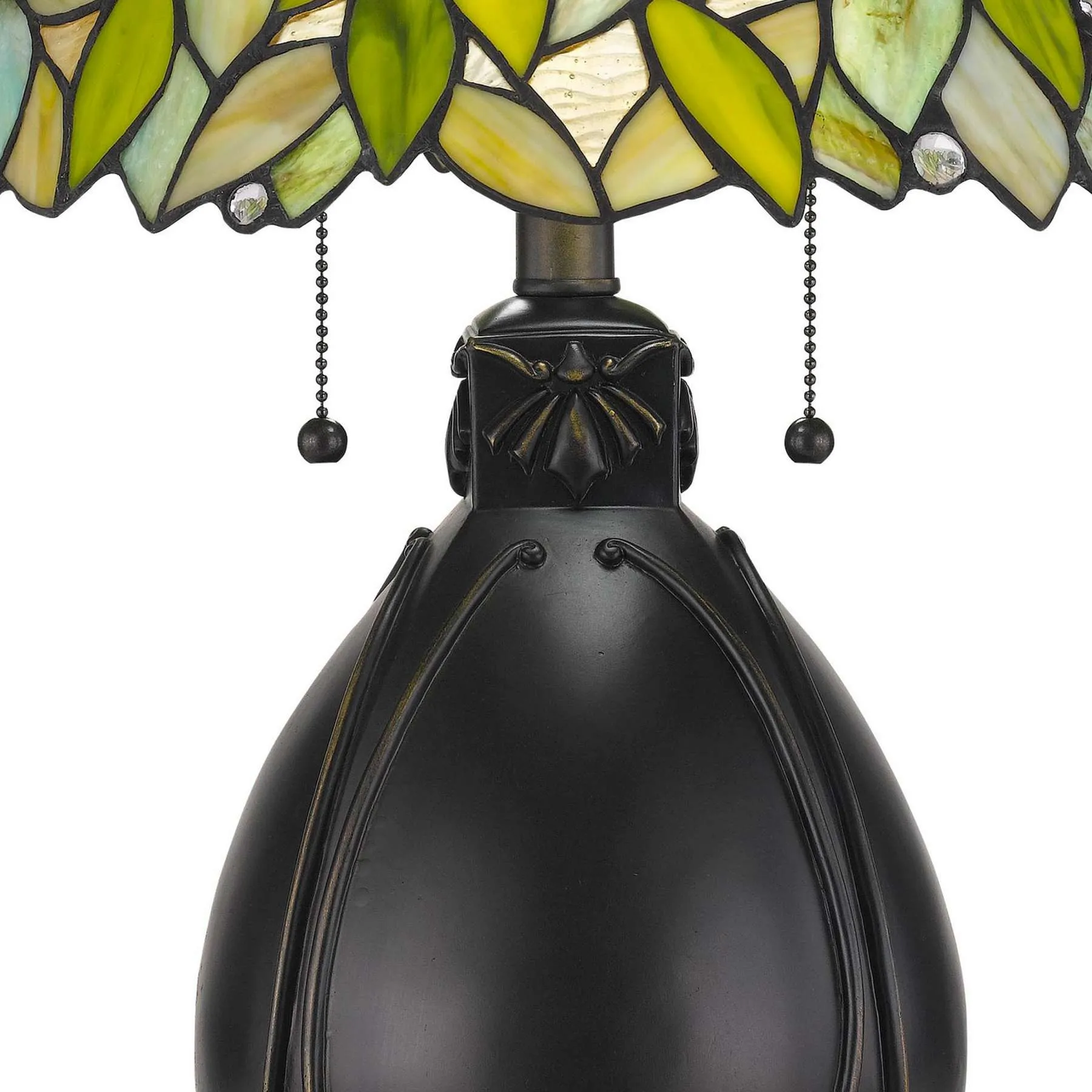 2 Bulb Tiffany Table Lamp With Leaf Design Glass Shade, Multicolor By Benzara