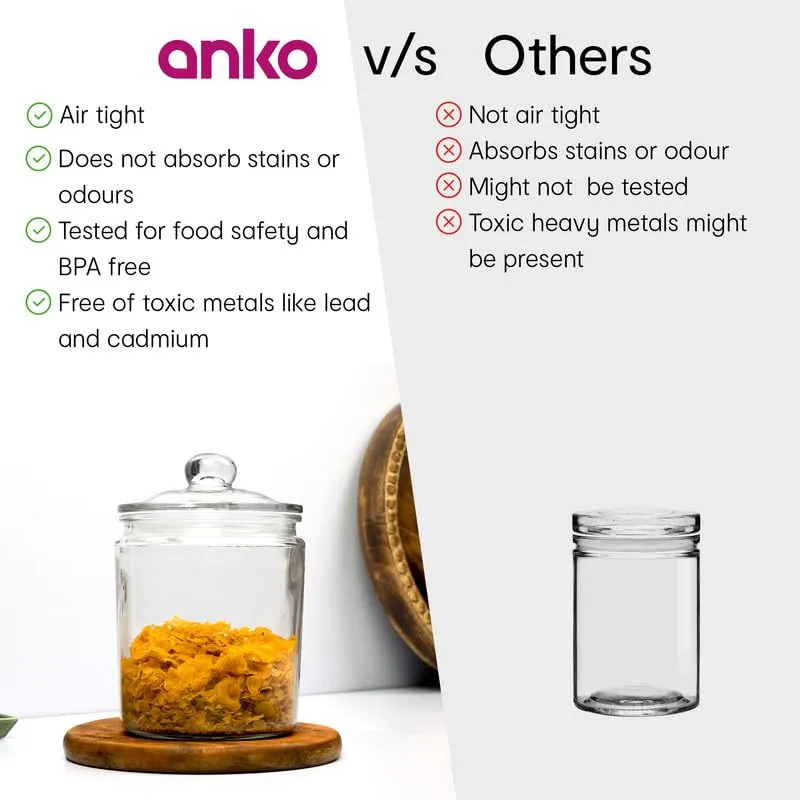 Anko 3.8 Litre Rounded Airtight Storage Glass Jar with Wide Mouth - Set of 2|Container with Removable Lid|Ideal for Storage of Cereals,Cookies|Storage Jar for Daily Use|Jar/Container for Kitchen Use