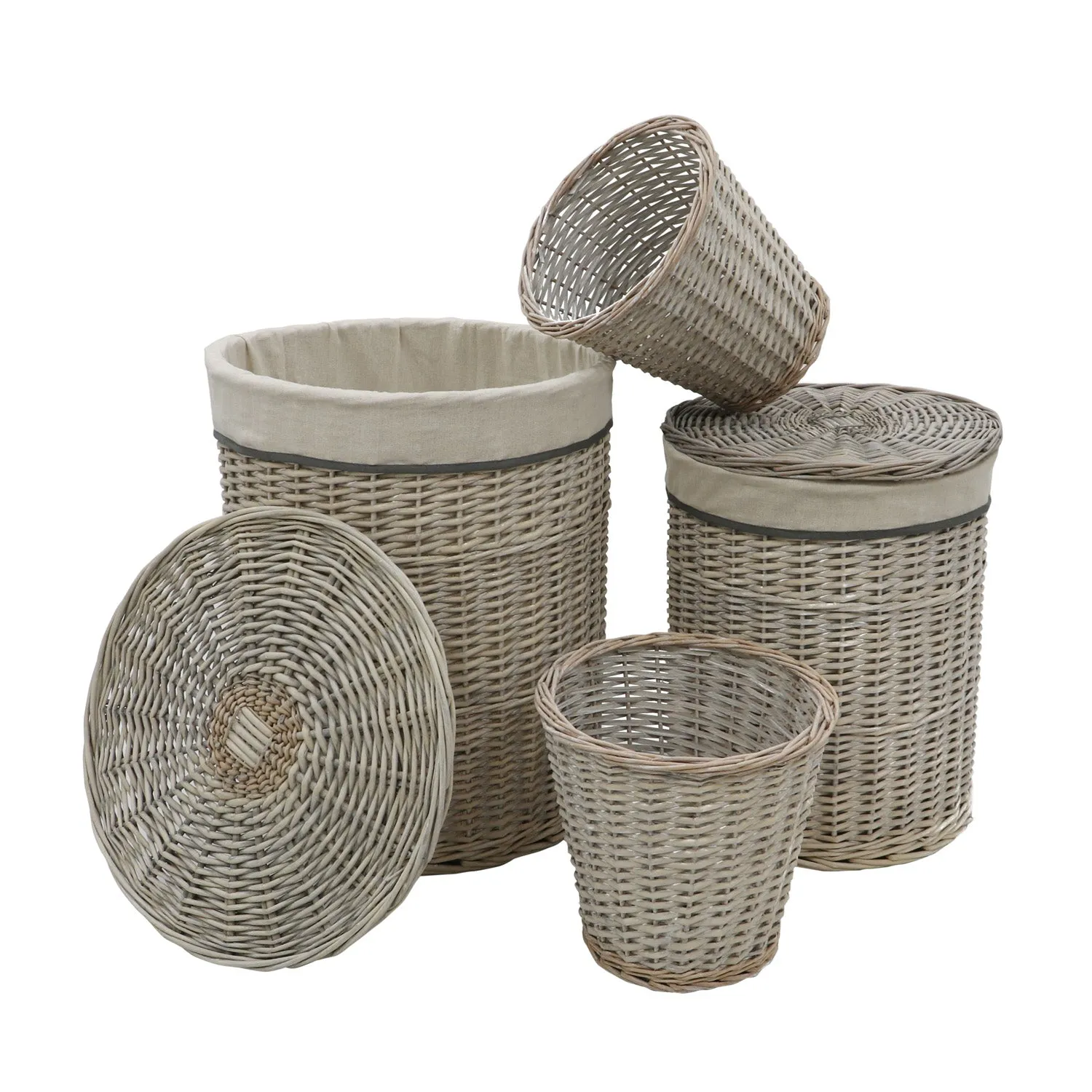 Arianna Antique Wash Round Willow Laundry Baskets and Bins Set