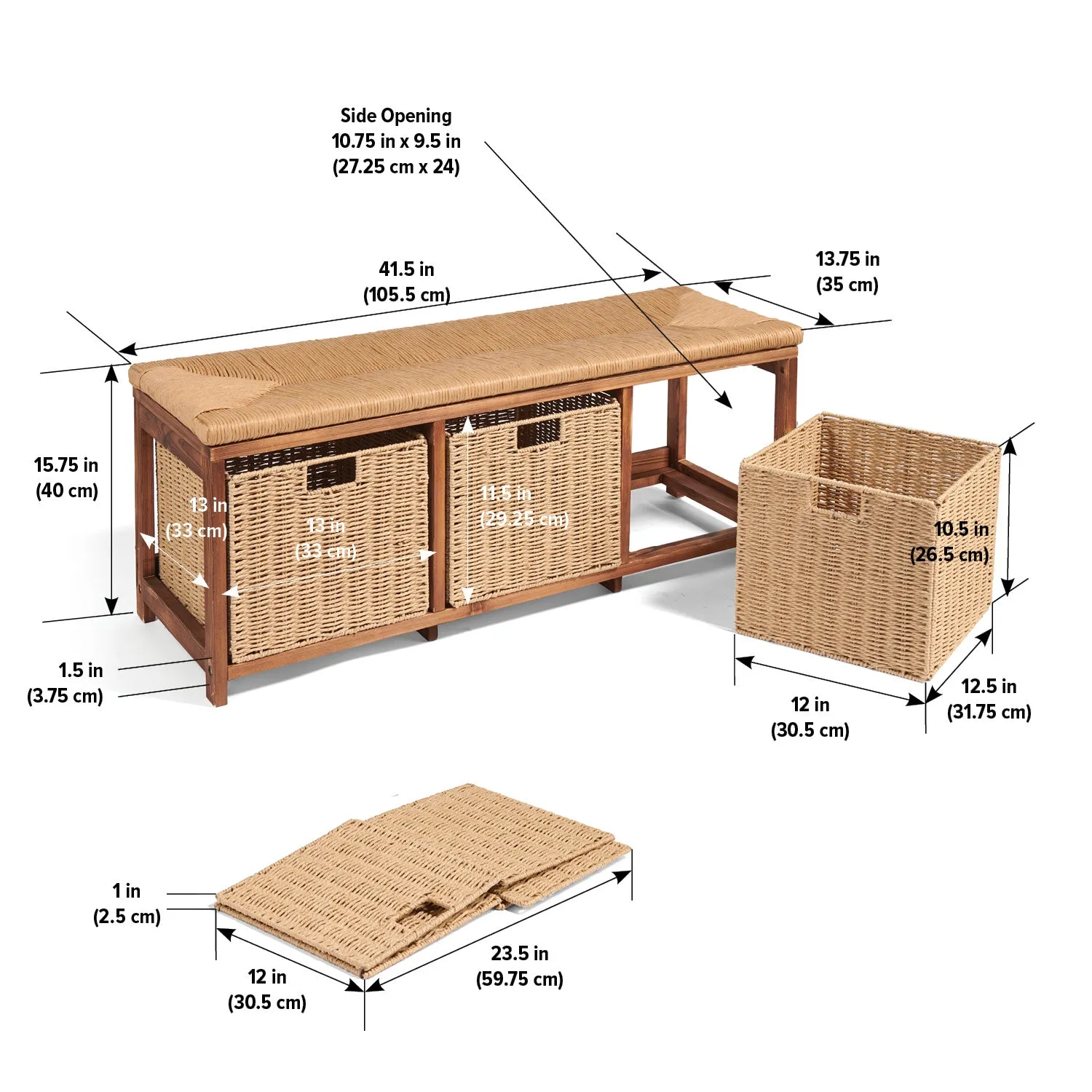 Badger Basket Kid's Storage Bench with Woven Top and Baskets