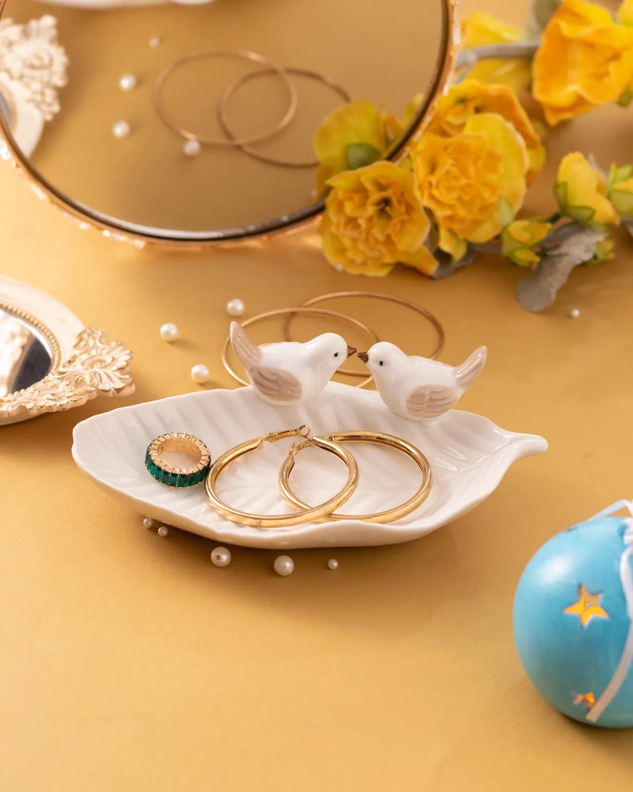 Bird on Leaf Ring Dish - White Small