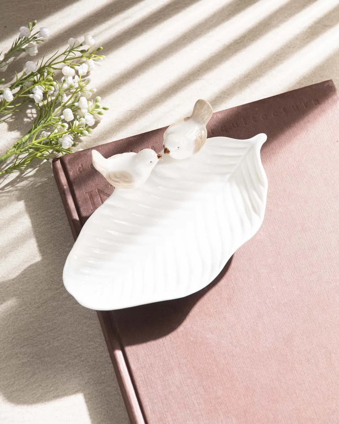 Bird on Leaf Ring Dish - White Small