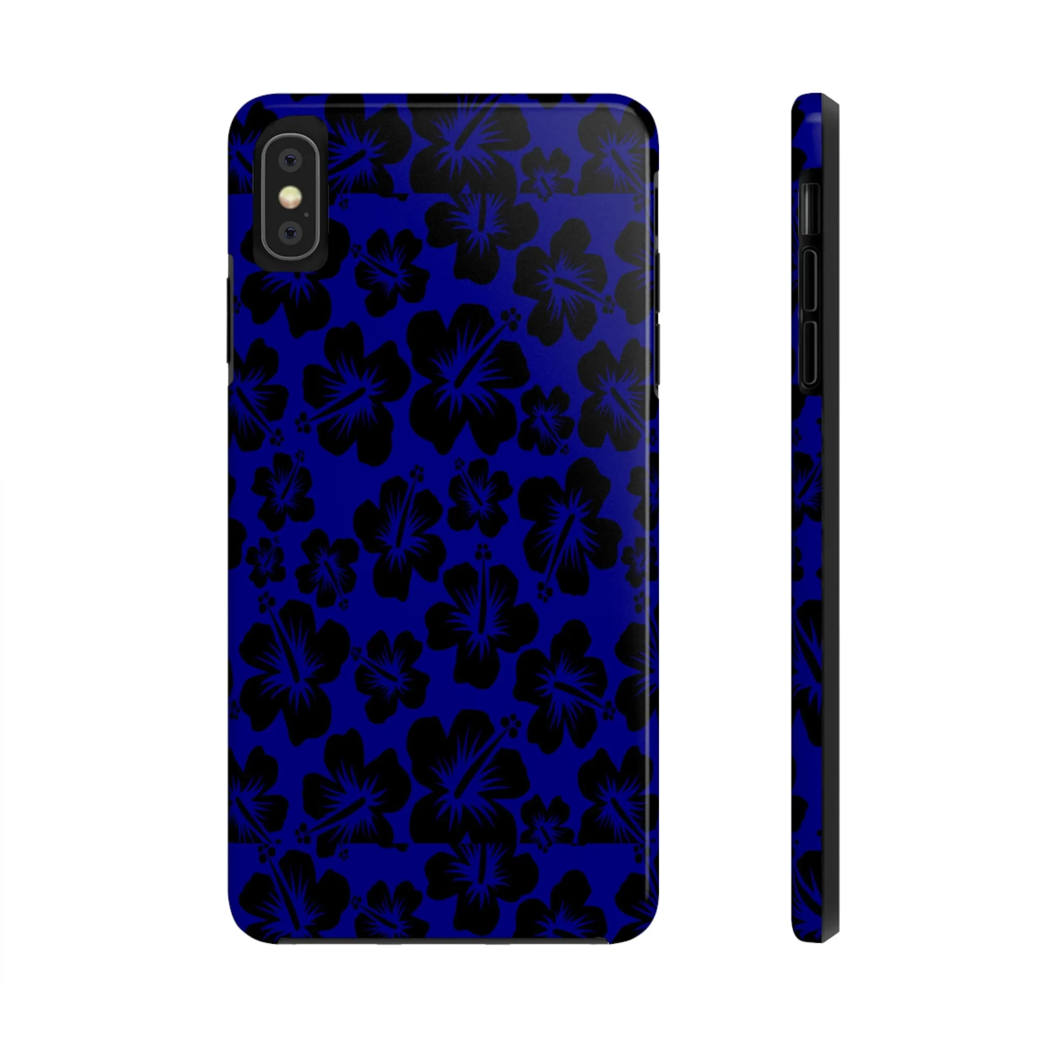 Black Hibiscus on Blue iPhone Tough Phone Cases