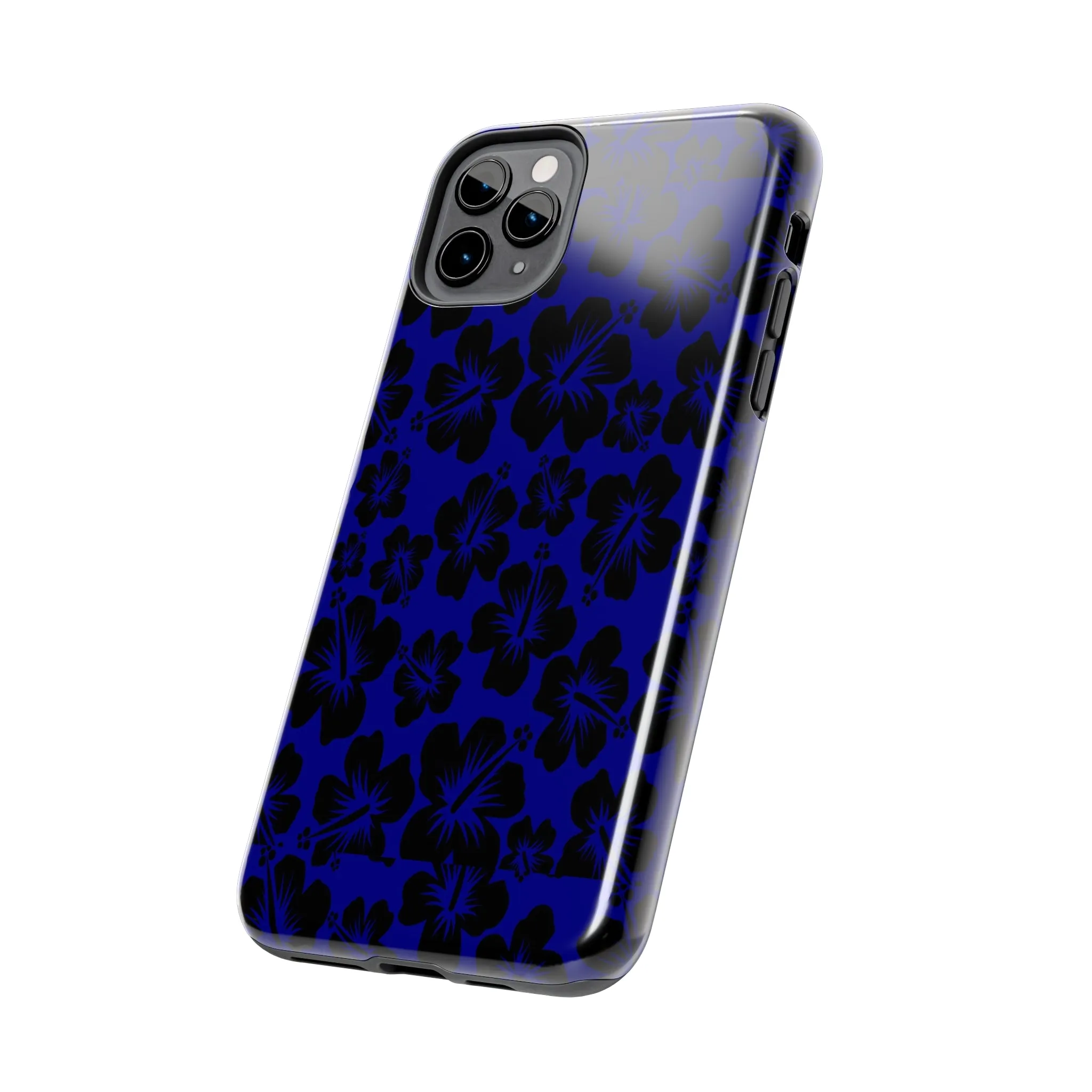 Black Hibiscus on Blue iPhone Tough Phone Cases