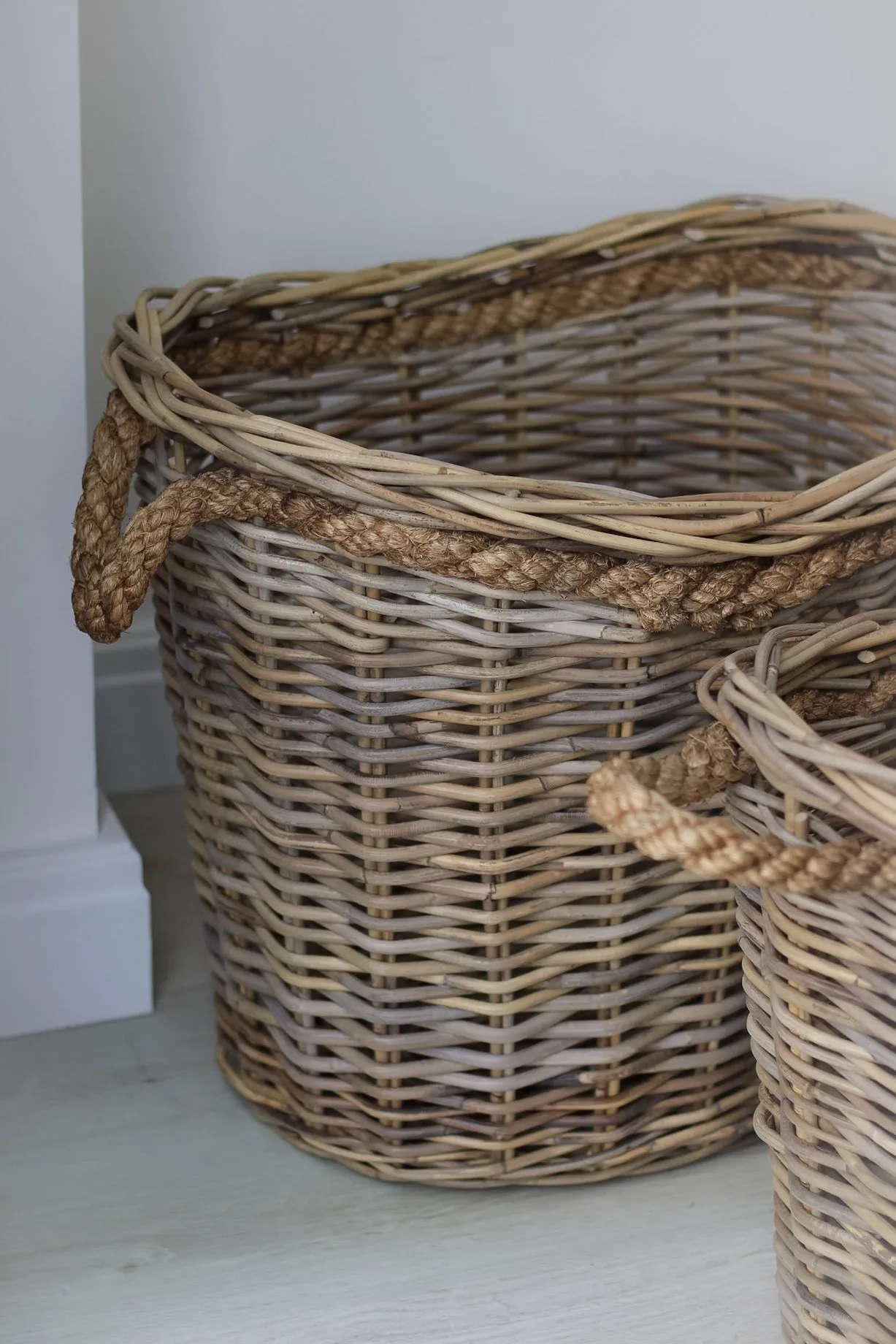 Bloomsbury Grey Washed Oval Rattan Basket with Rope Handles