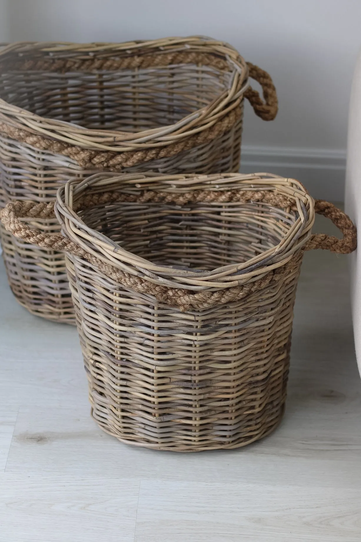 Bloomsbury Grey Washed Oval Rattan Basket with Rope Handles