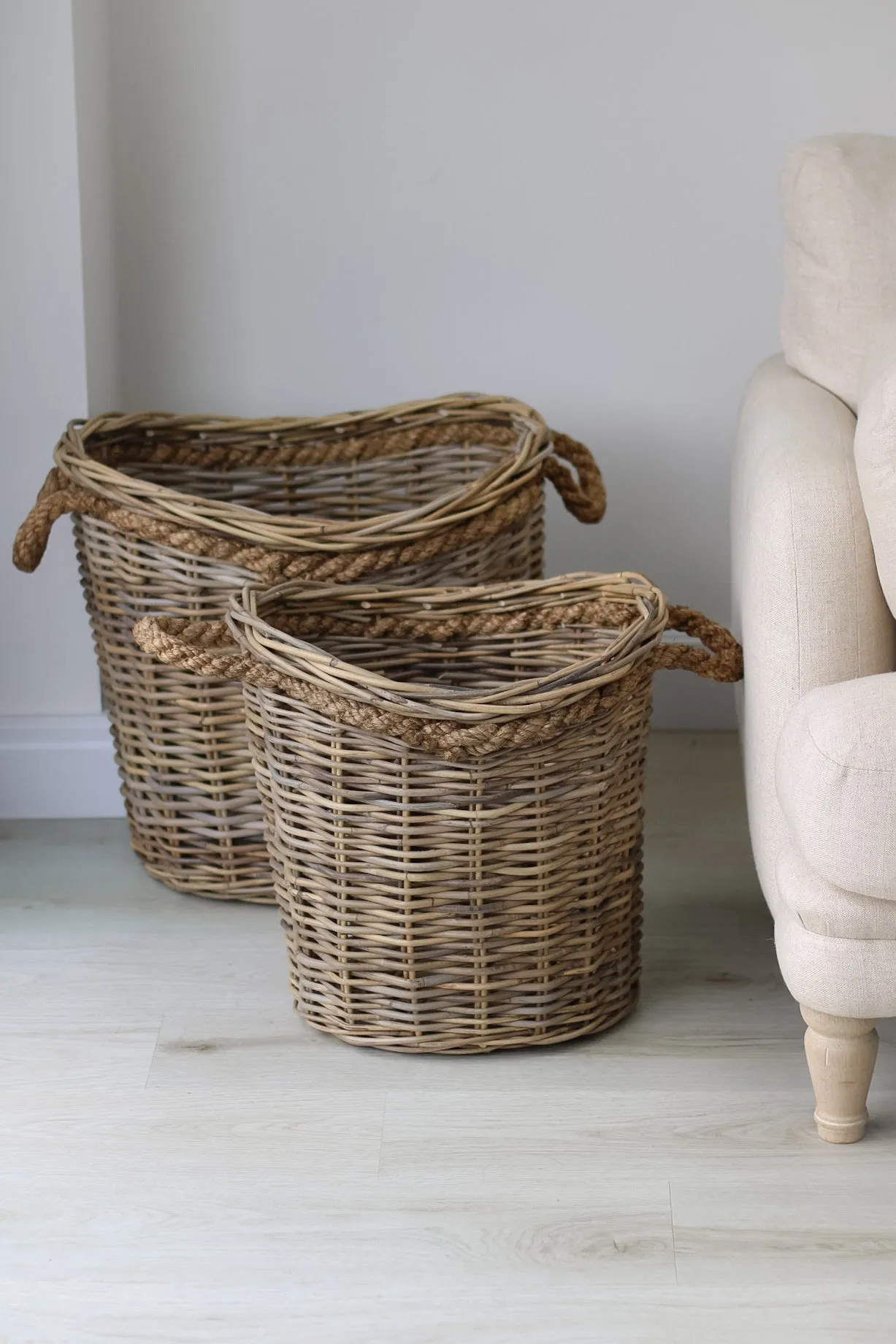 Bloomsbury Grey Washed Oval Rattan Basket with Rope Handles