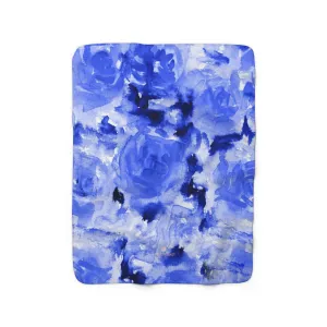 Blue Floral Abstract Print Designer Cozy Sherpa Fleece Blanket-Made in USA