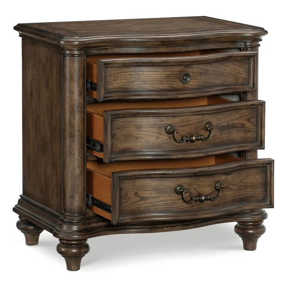 Deborah 30 Inch Nightstand, 3 Drawers, Bronze Drop Handles, Brown Wood By Casagear Home