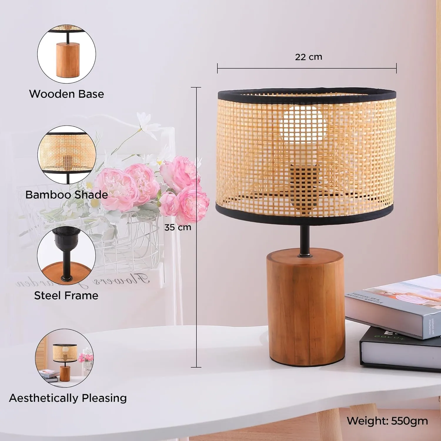 Ekhasa Wooden Bedside Lamp | Table Lamps for Home Decoration with Bamboo Shade | Wooden Base Side Table Lamp for Living Room | Bed Side Lamp | Aesthetic Night Bed Lamps for Bedroom