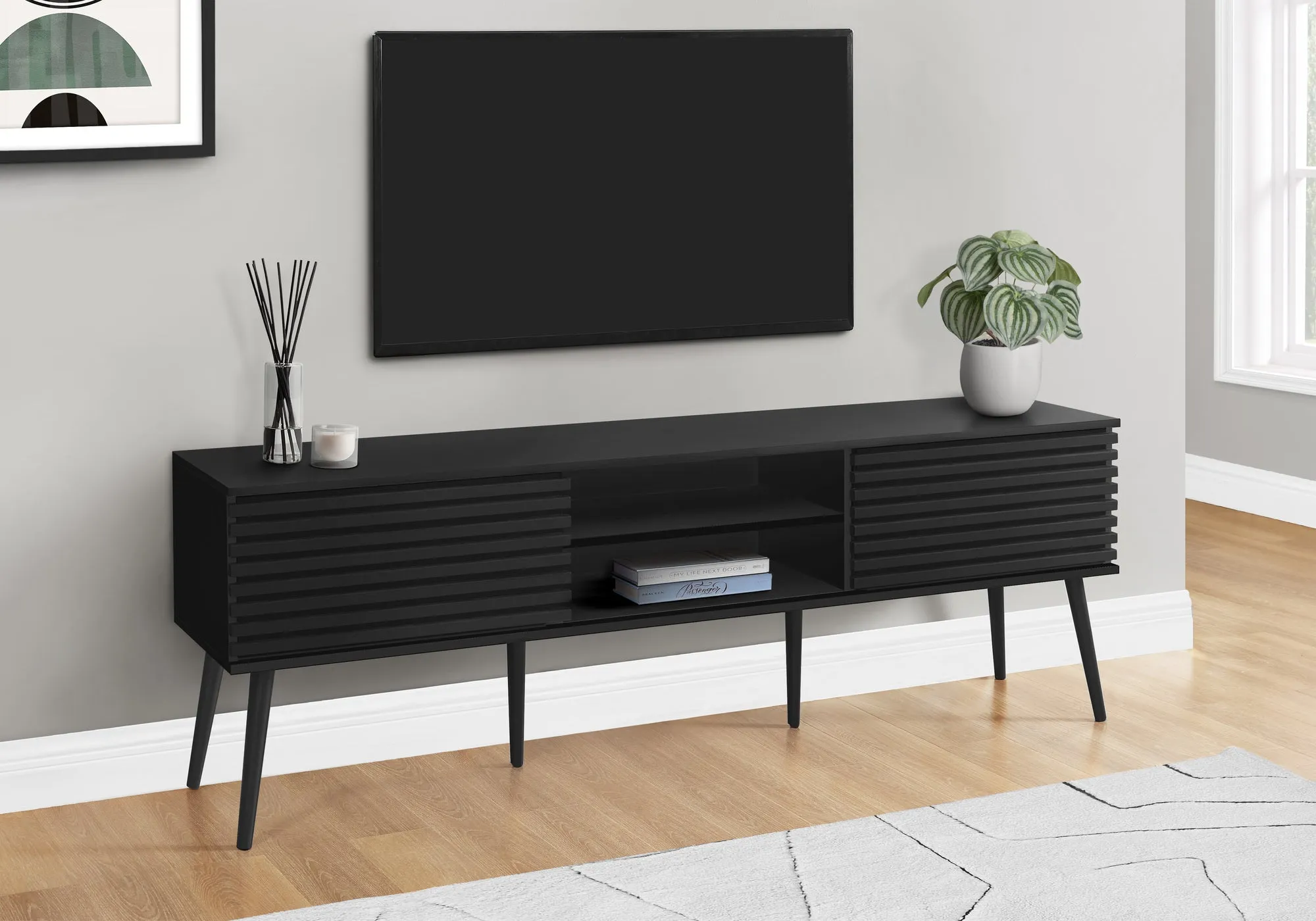 EliteMedia 72-Inch TV Stand & Entertainment Center - Contemporary Black Laminate with Storage