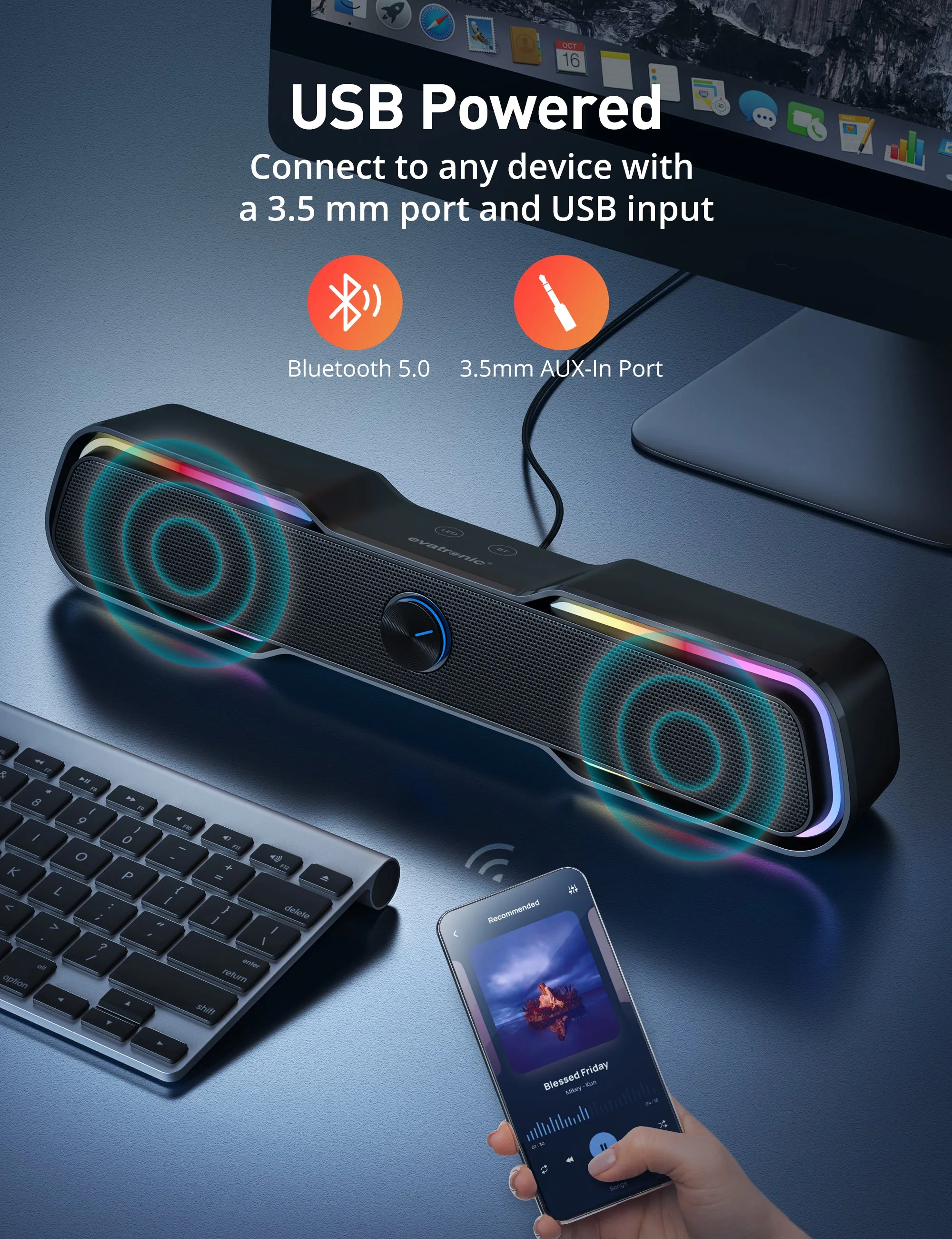 Evatronic Computer Speaker SK010, USB-Powered RGB Speakers