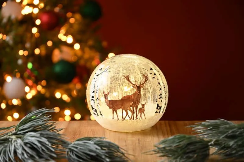 Festive 15cm Battery Operated Light-up Reindeer Glass Ball Green Decoration