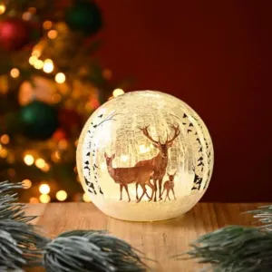 Festive 15cm Battery Operated Light-up Reindeer Glass Ball Green Decoration