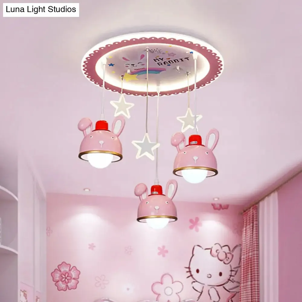 Fun Bunny Ceiling Lamp with Pink Dome Shade - Resin, 3 Bulbs, Cartoon Flush Mount