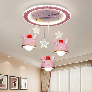 Fun Bunny Ceiling Lamp with Pink Dome Shade - Resin, 3 Bulbs, Cartoon Flush Mount