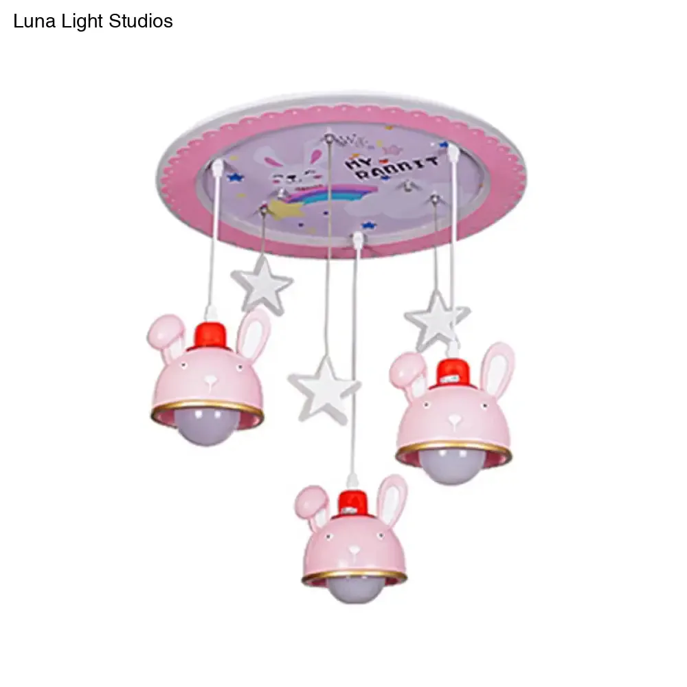 Fun Bunny Ceiling Lamp with Pink Dome Shade - Resin, 3 Bulbs, Cartoon Flush Mount