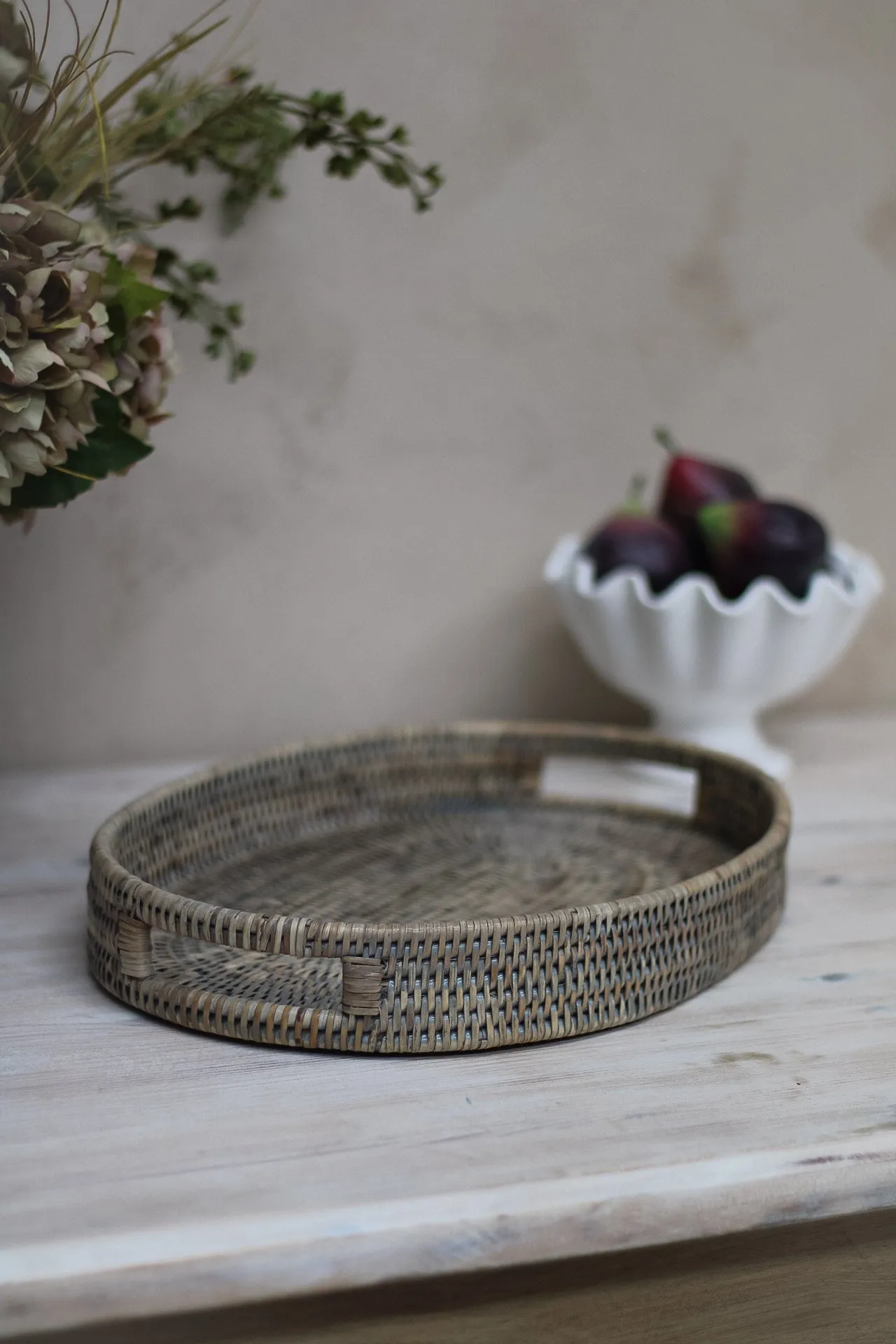 Grey Washed Rattan Oval Drinks Tray