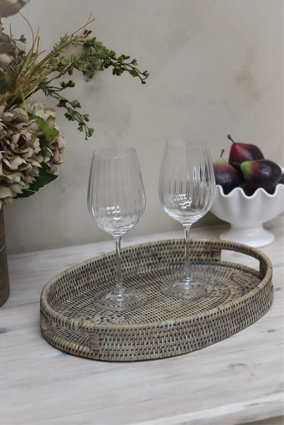 Grey Washed Rattan Oval Drinks Tray