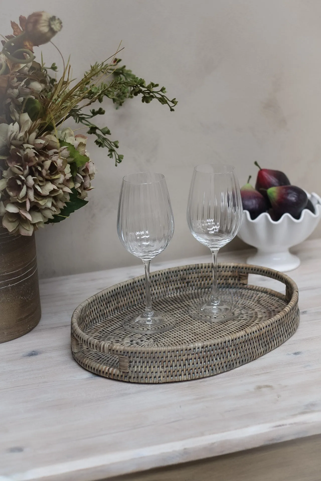 Grey Washed Rattan Oval Drinks Tray