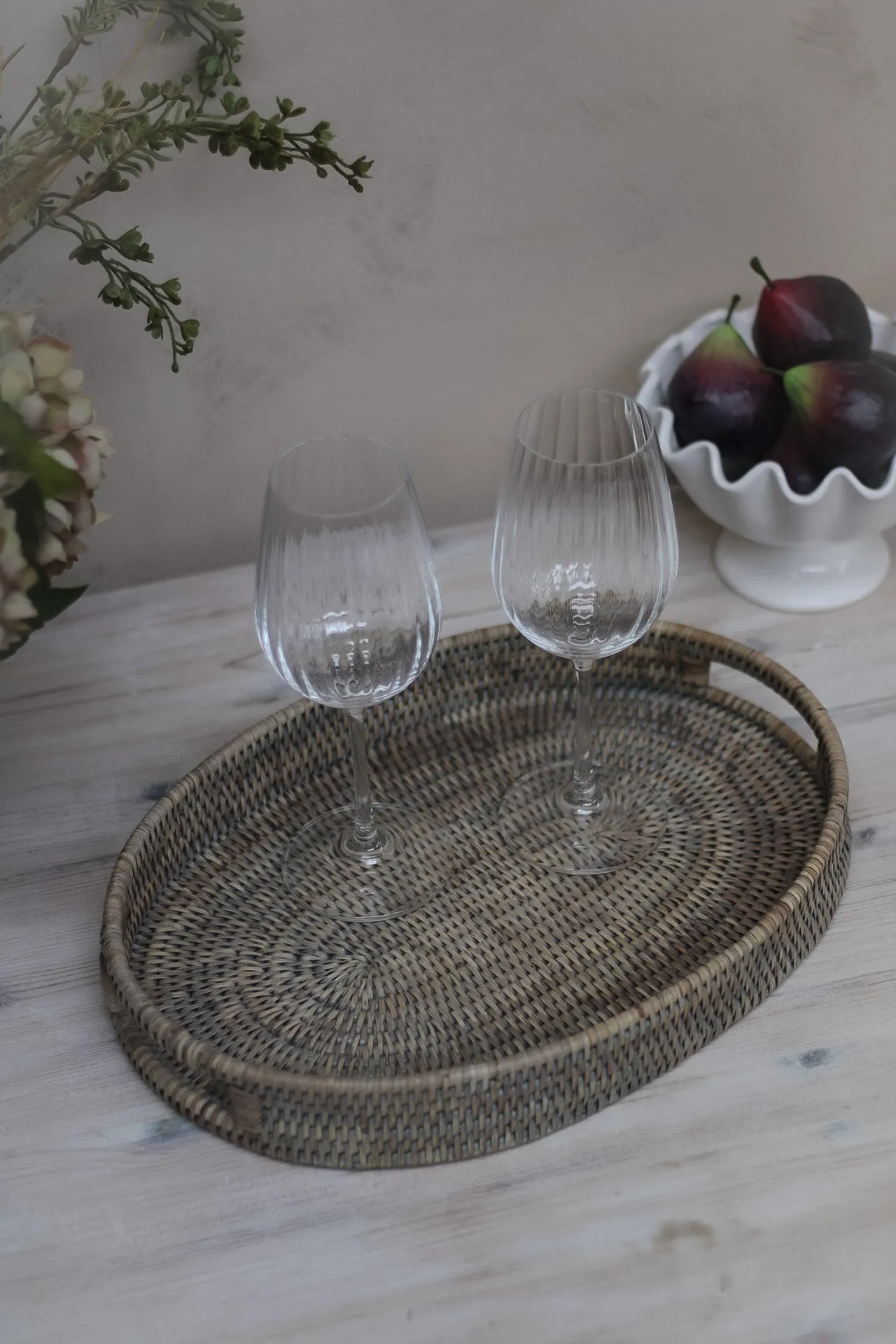 Grey Washed Rattan Oval Drinks Tray