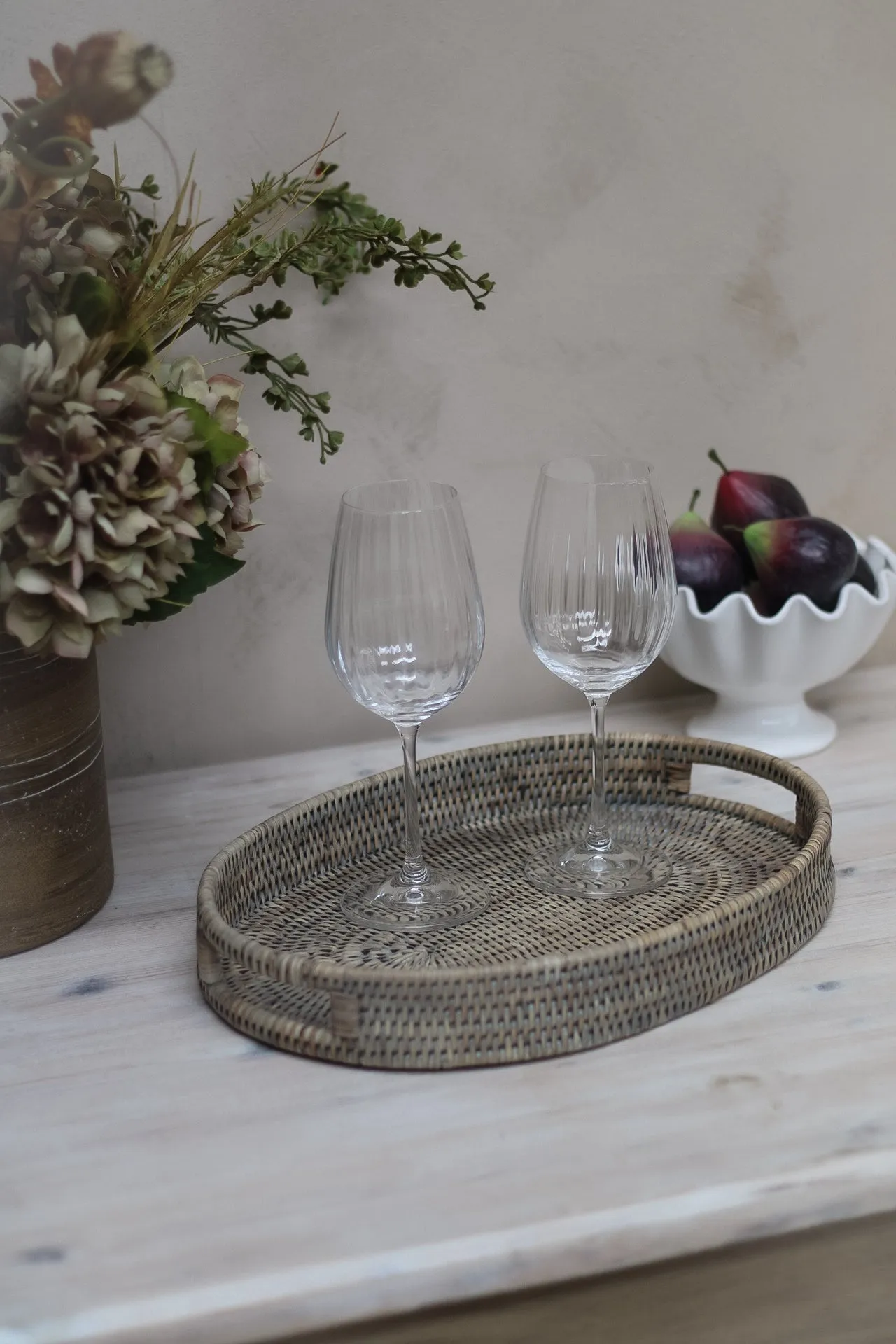 Grey Washed Rattan Oval Drinks Tray