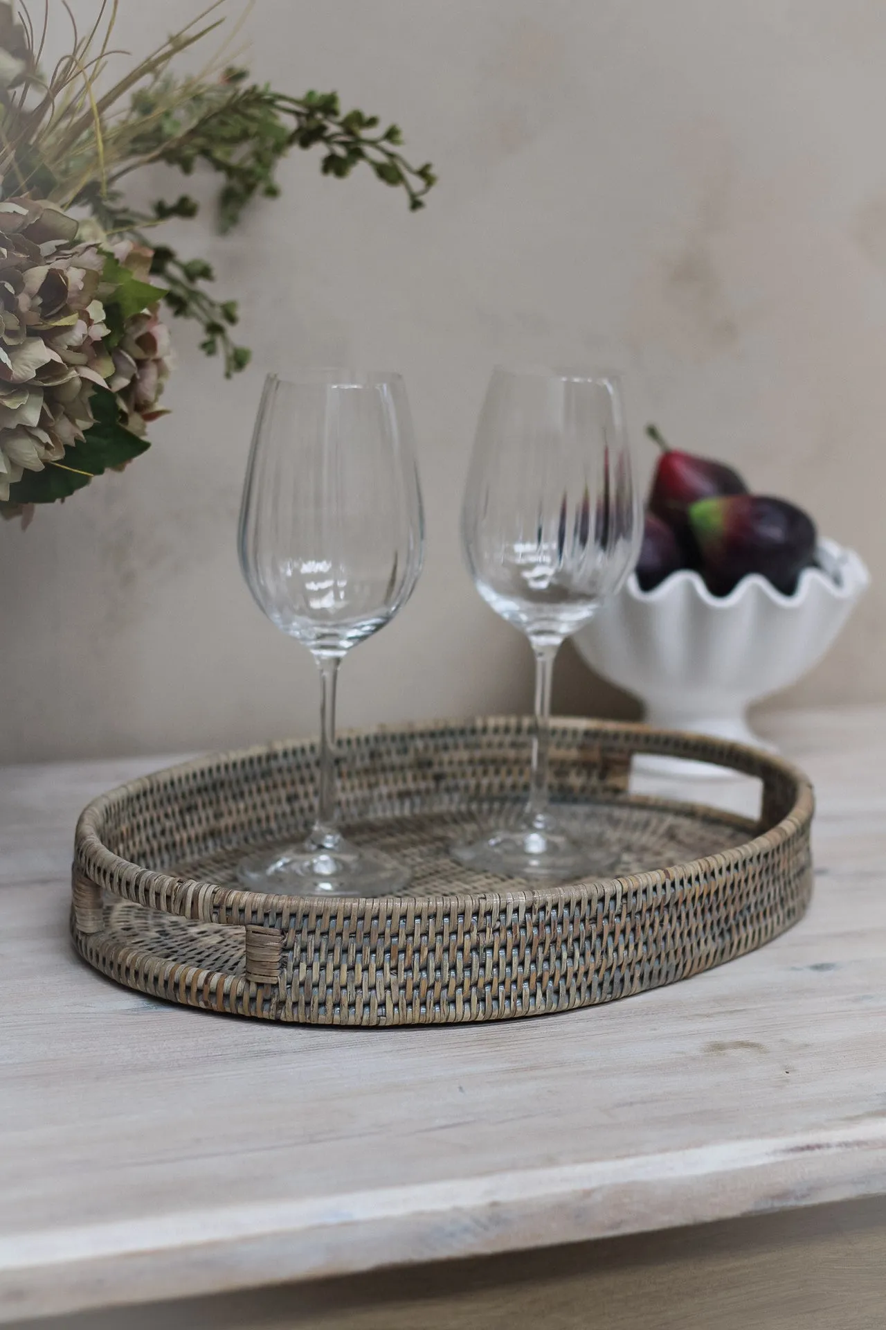 Grey Washed Rattan Oval Drinks Tray