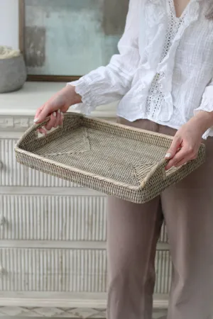 Grey Washed Rattan Rectangular Tray