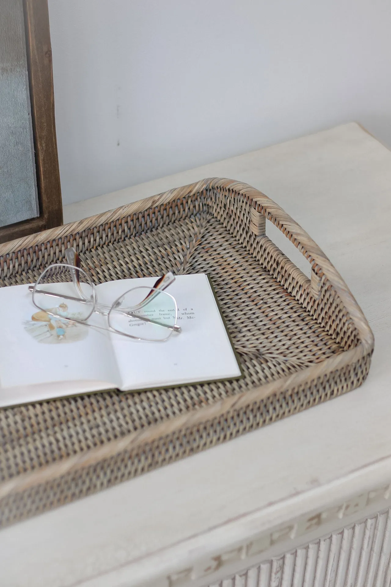 Grey Washed Rattan Rectangular Tray