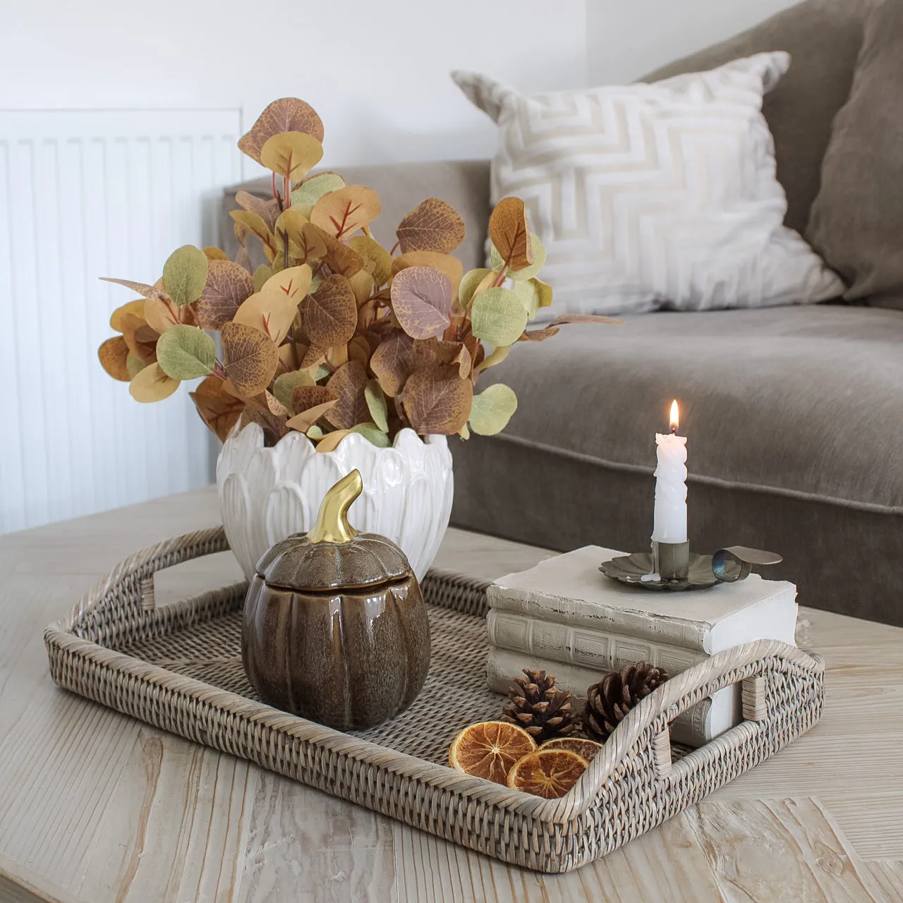 Grey Washed Rattan Rectangular Tray