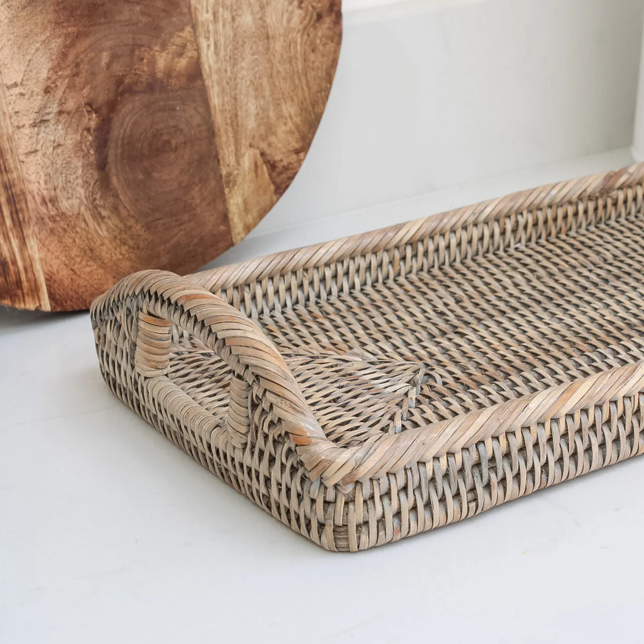 Grey Washed Rattan Rectangular Tray