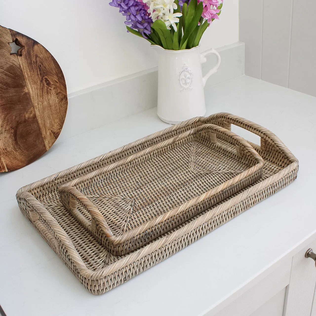 Grey Washed Rattan Rectangular Tray