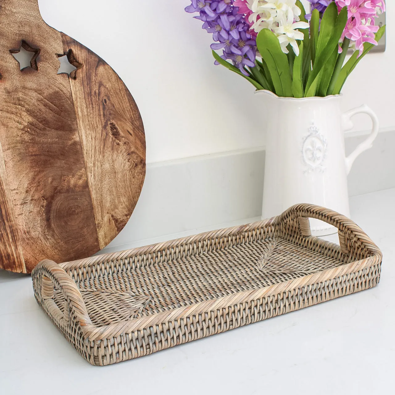 Grey Washed Rattan Rectangular Tray