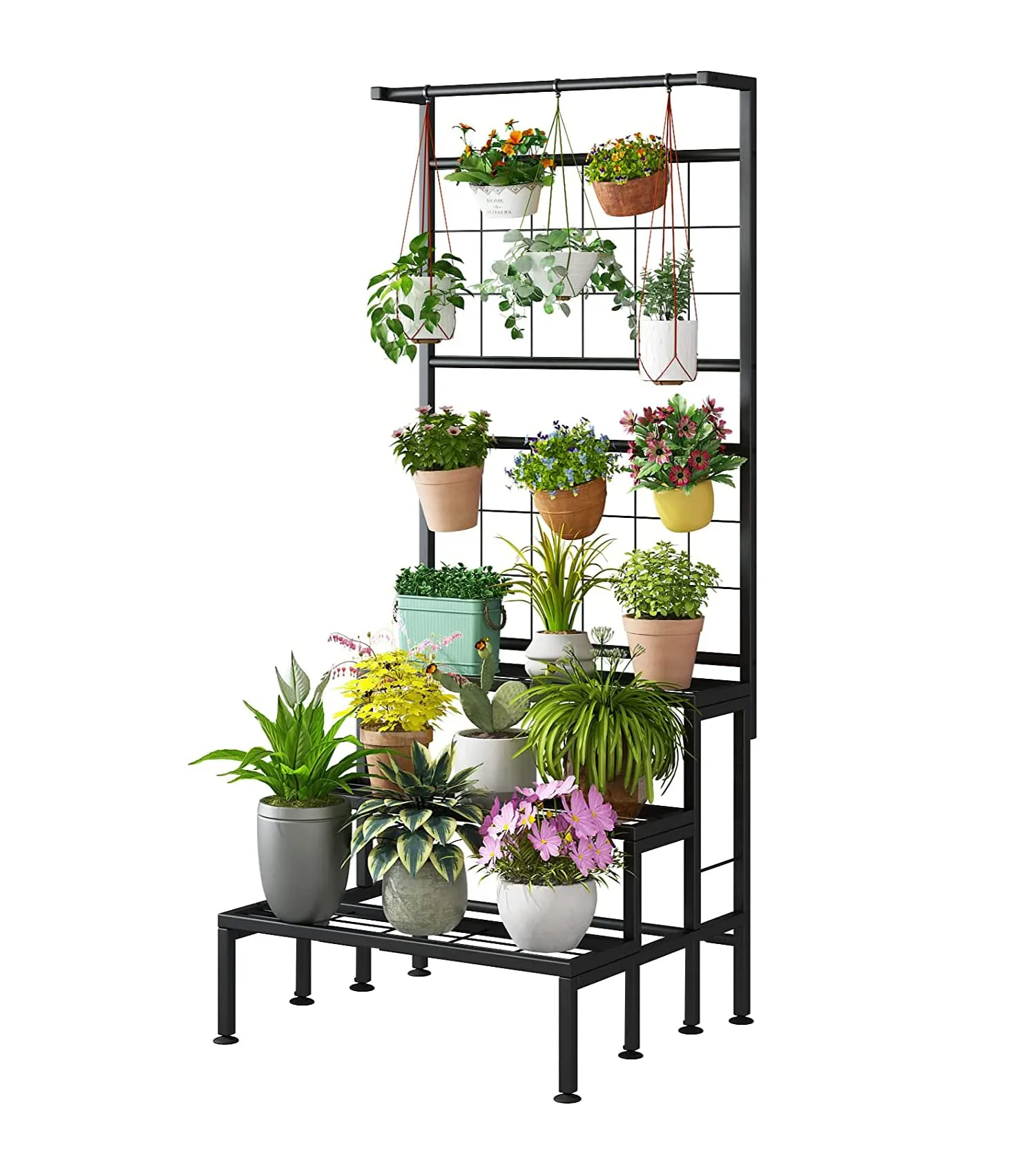 IRON LANDS SOLID 3 TIER Hanging Plant Stand Planter Shelves Flower Pot Organizer Rack Multiple Flower Pot Display Holder Shelf Indoor Outdoor Planter Shelving Unit with Grid Panel