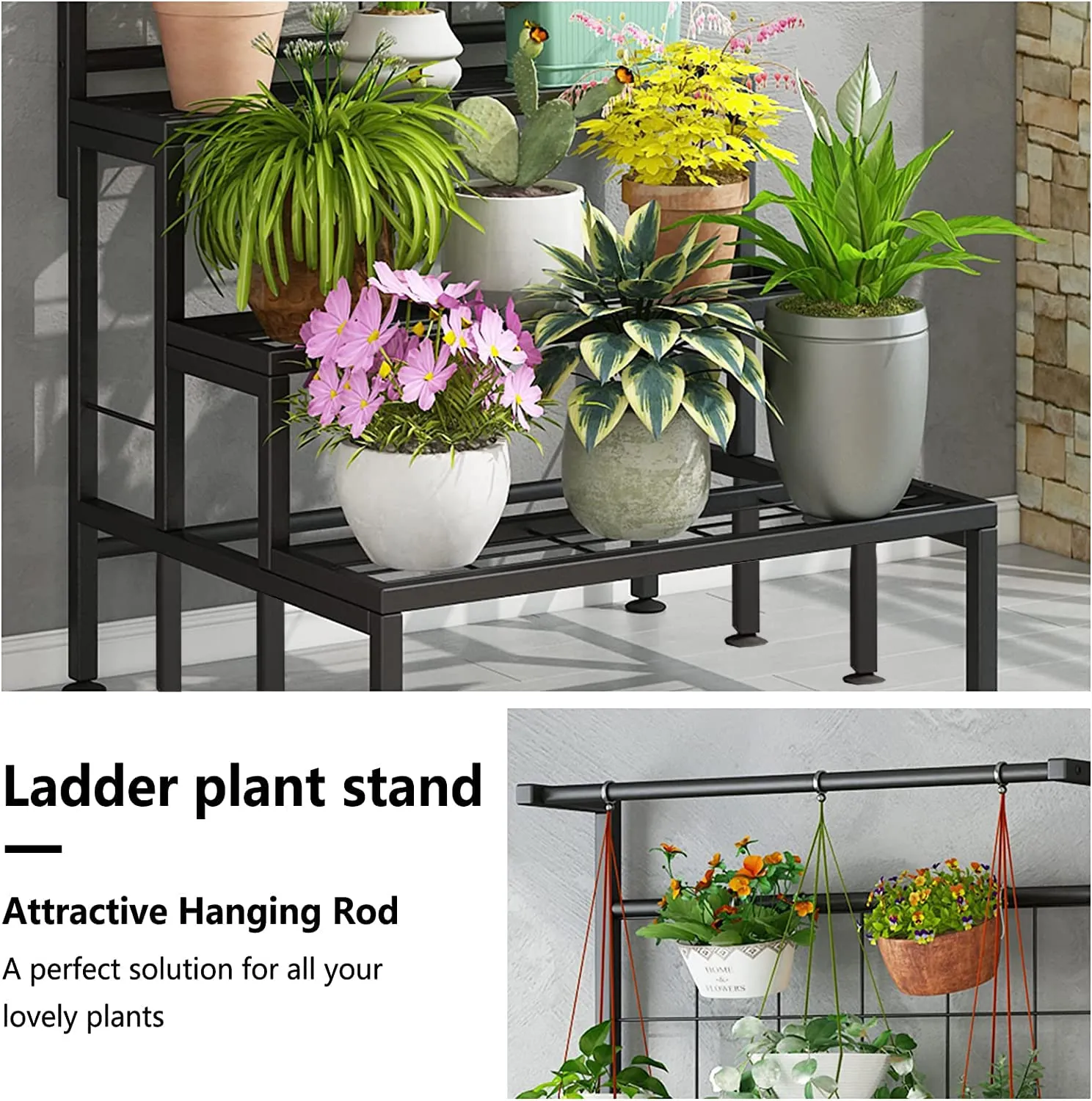 IRON LANDS SOLID 3 TIER Hanging Plant Stand Planter Shelves Flower Pot Organizer Rack Multiple Flower Pot Display Holder Shelf Indoor Outdoor Planter Shelving Unit with Grid Panel