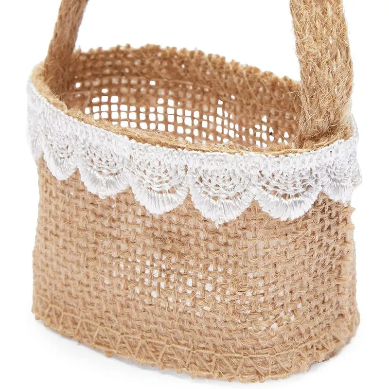 Jute Flower Girl Baskets with Lace for Wedding Party (2.3 x 3.9 In, 12 Pack)