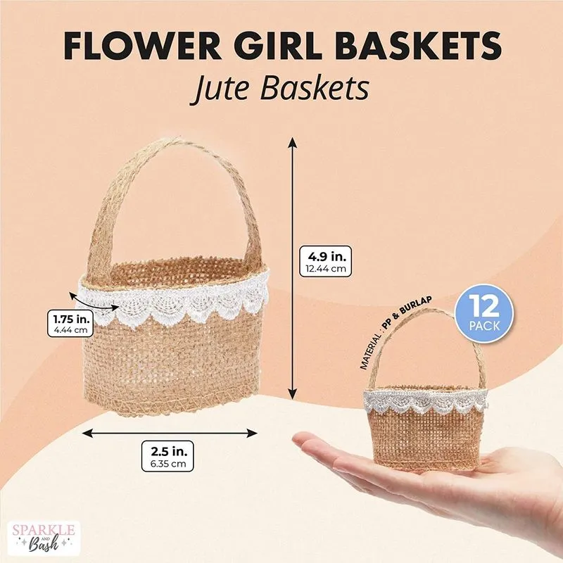 Jute Flower Girl Baskets with Lace for Wedding Party (2.3 x 3.9 In, 12 Pack)