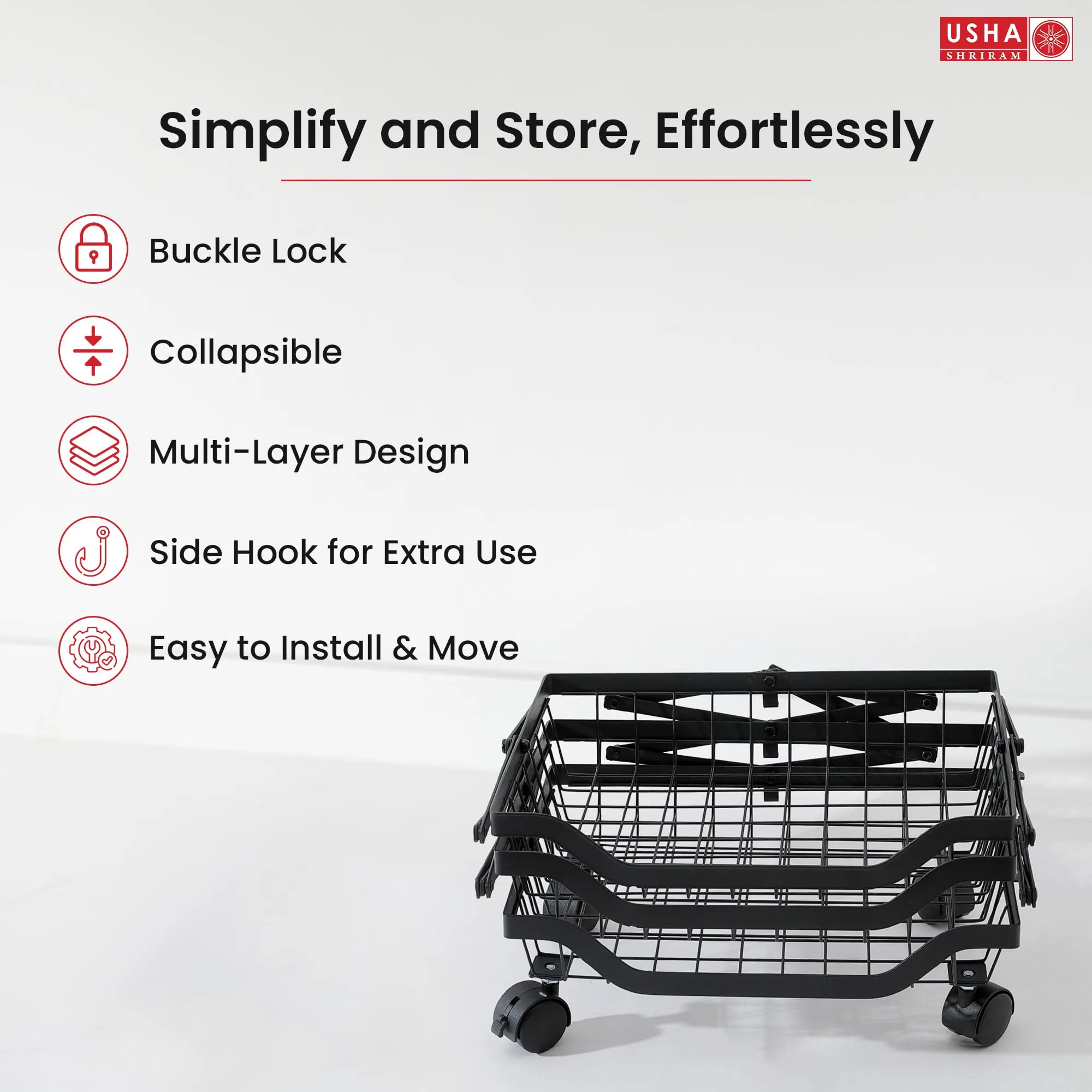 Kuber Industries 3-Layer Collapsible Kitchen Rack|Multipurpose Storage Basket|360-Degree Rotable Kitchen Trolley|Fruit Basket (Black)