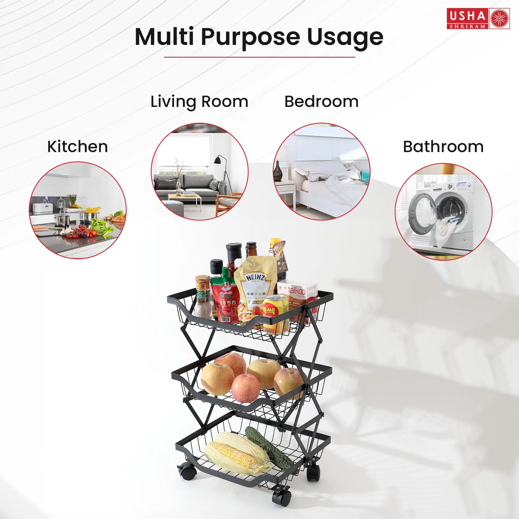 Kuber Industries 3-Layer Collapsible Kitchen Rack|Multipurpose Storage Basket|360-Degree Rotable Kitchen Trolley|Fruit Basket (Black)