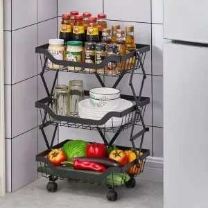 Kuber Industries 3-Layer Collapsible Kitchen Rack|Multipurpose Storage Basket|360-Degree Rotable Kitchen Trolley|Fruit Basket (Black)