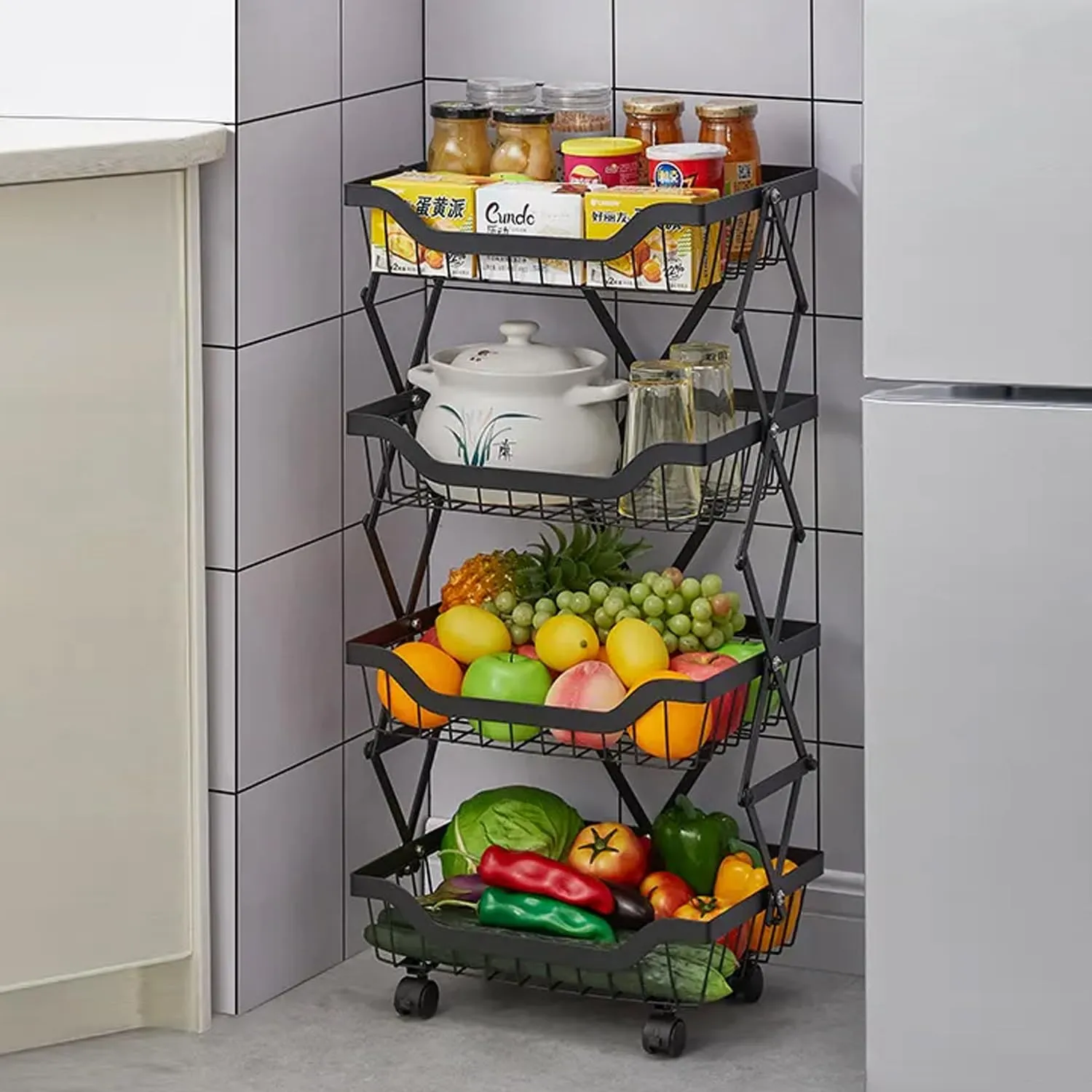 Kuber Industries 4-Layer Collapsible Kitchen Rack|Multipurpose Storage Basket|360-Degree Rotable Kitchen Trolley|Fruit Basket Pack of 3 (Black)