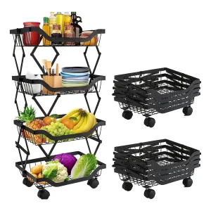 Kuber Industries 4-Layer Collapsible Kitchen Rack|Multipurpose Storage Basket|360-Degree Rotable Kitchen Trolley|Fruit Basket Pack of 3 (Black)