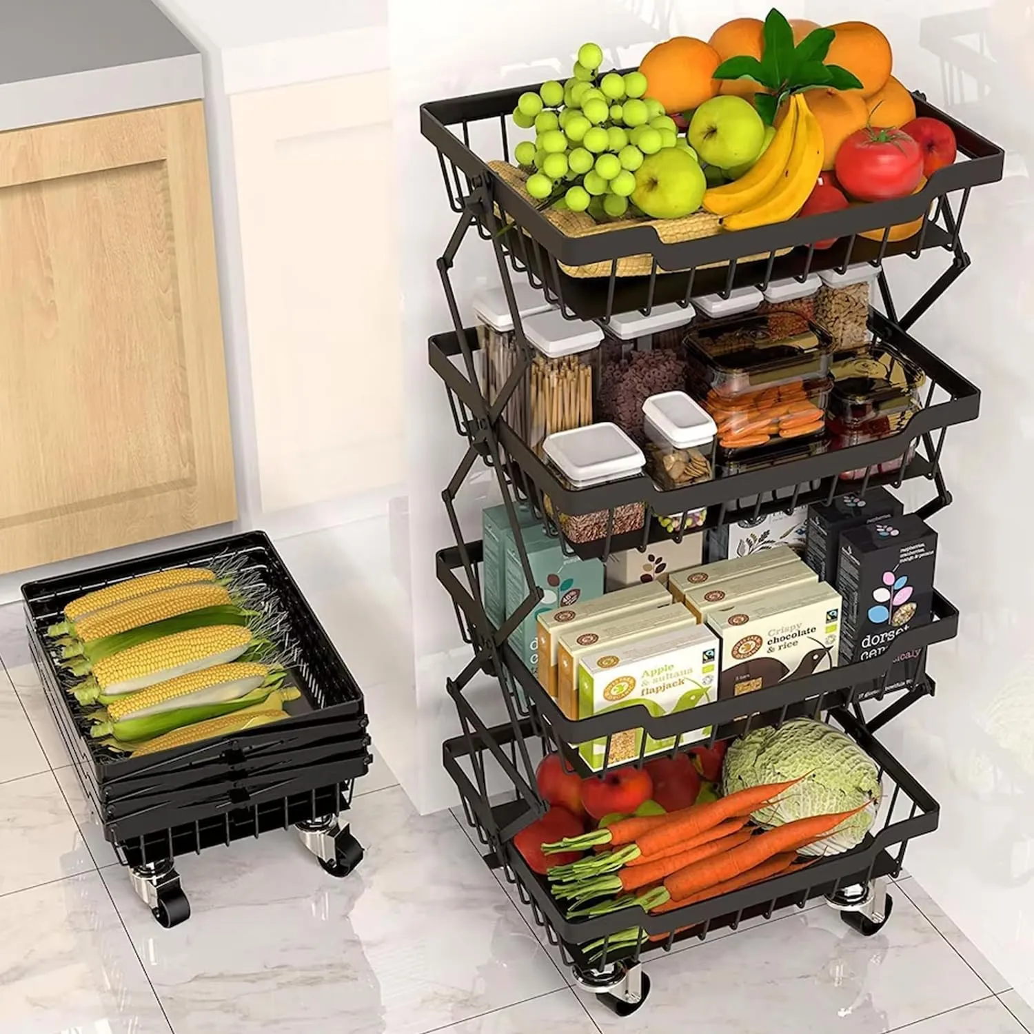 Kuber Industries 4-Layer Collapsible Kitchen Rack|Multipurpose Storage Basket|360-Degree Rotable Kitchen Trolley|Fruit Basket Pack of 3 (Black)