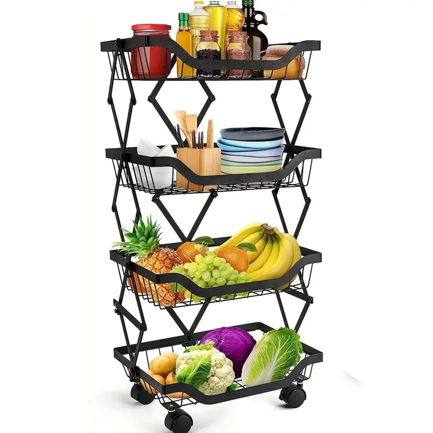 Kuber Industries 4-Layer Collapsible Kitchen Rack|Multipurpose Storage Basket|360-Degree Rotable Kitchen Trolley|Fruit Basket Pack of 3 (Black)