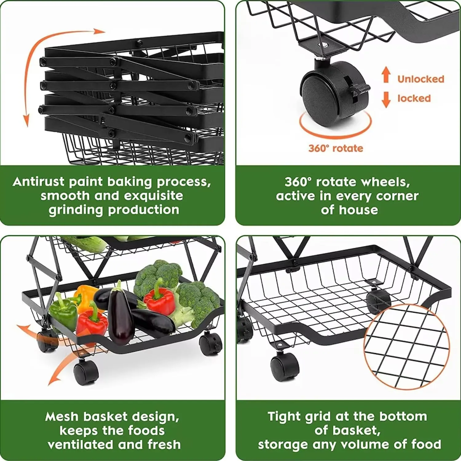 Kuber Industries 4-Layer Collapsible Kitchen Rack|Multipurpose Storage Basket|360-Degree Rotable Kitchen Trolley|Fruit Basket Pack of 3 (Black)