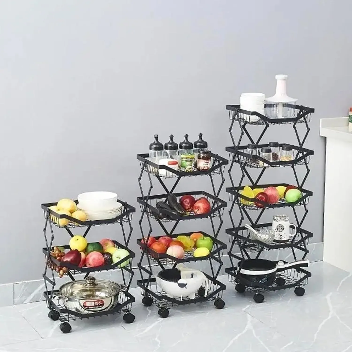 Kuber Industries 4-Layer Collapsible Kitchen Rack|Multipurpose Storage Basket|360-Degree Rotable Kitchen Trolley|Fruit Basket Pack of 3 (Black)